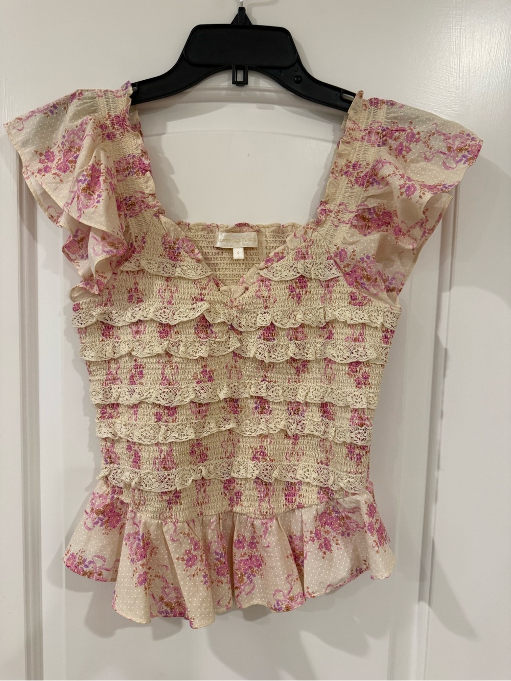 LoveShackFancy Floral Ruffle Smocked Peplum Top - Pink on Cream